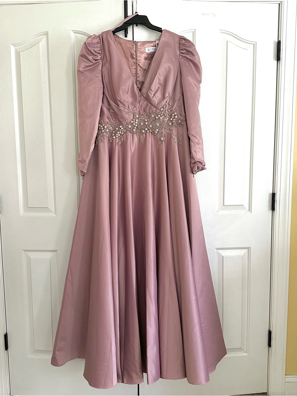 Mac Duggal Gown Dress Dusty Rose Long Sleeve Embellished Waist Evening Size 16 - Picture 3 of 15
